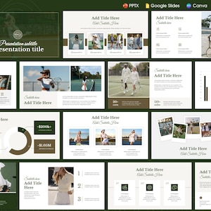 Könnte beinhalten: Eine Präsentationsvorlage zum Thema Tennis. Das Design zeigt Bilder von Tennisspielern, Diagrammen und Textfeldern mit Platzhaltern für Titel und Untertitel. Das Farbschema umfasst Grüntöne, Weiß und Braun.