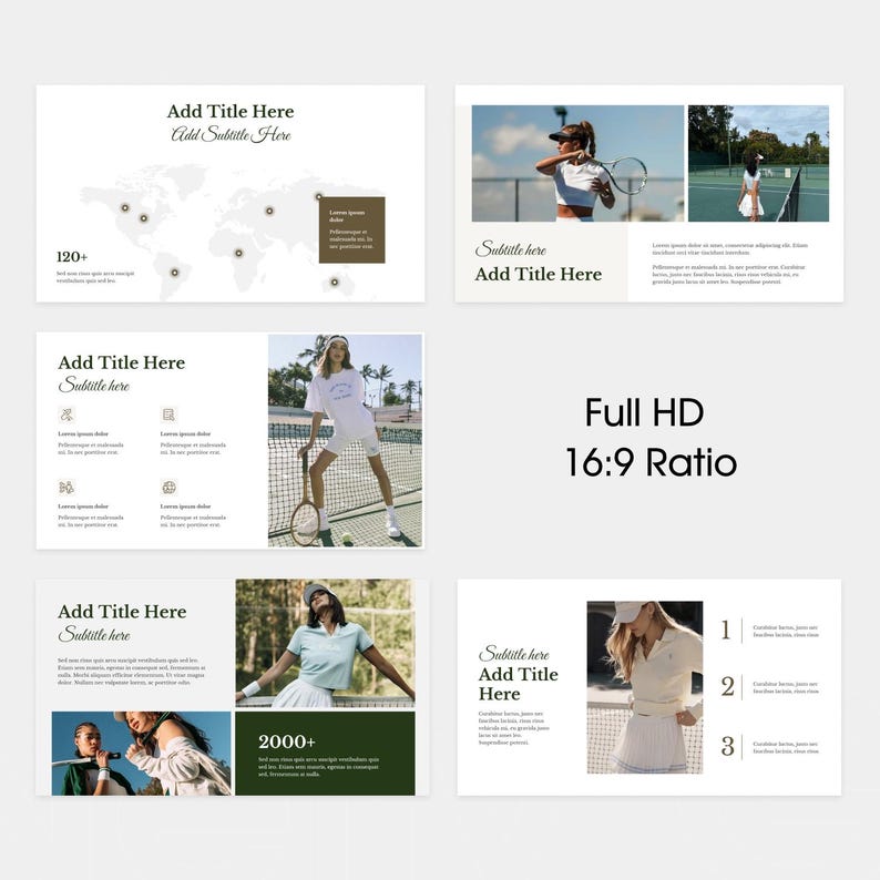 May include: A presentation layout with a tennis theme. The design includes images of tennis players, text boxes, and a world map graphic. Text includes "Add Title Here", "Subtitle here", "Full HD 16:9 Ratio", "120+", and "2000+".