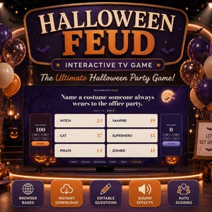 Halloween Feud Game, Interactive Office Party Trivia, Team Building Game, Browser-Based, Editable Digital Download