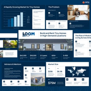 May include: A presentation slide detailing the tiny home market, featuring charts, text, and images. The slide includes financial data, market size, and other relevant information about the growing market for tiny homes.