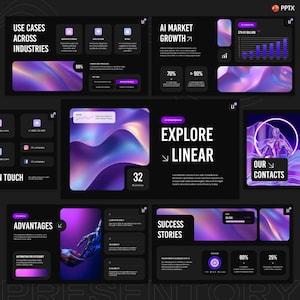 May include: A presentation slide deck with a dark background and purple and white accents. The slides cover topics like AI market growth, use cases across industries, and success stories. Text includes "Explore Linear" and "Our Contacts."