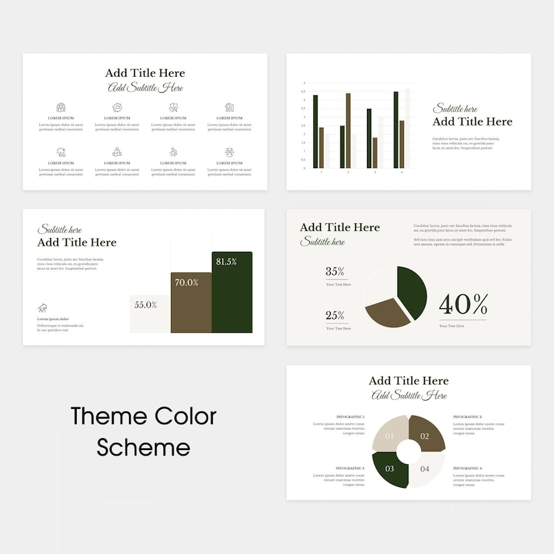 May include: A set of presentation slides in a neutral colour scheme. The slides include charts, graphs, and text placeholders. The text "Add Title Here" and "Add Subtitle Here" are visible. The words "Theme Color Scheme" are also visible.
