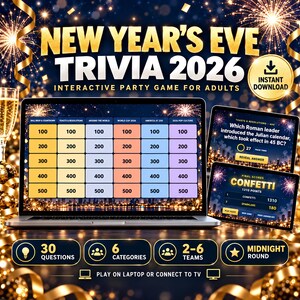 May include: A New Year's Eve Trivia 2026 interactive party game displayed on a laptop and tablet screen. The game features a grid of categories with point values from 100 to 500, a question slide about Roman leaders, and a final score screen.