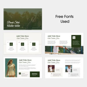 May include: A presentation template with a tennis theme. The design includes slides with text placeholders, graphics, and images of tennis players. The text "Break Slide Slide title" is visible. The phrase "Free Fonts Used" is also displayed.