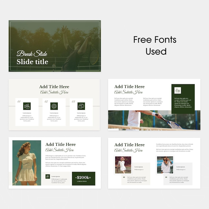 May include: A presentation template with a tennis theme. The design includes slides with text placeholders, graphics, and images of tennis players. The text "Break Slide Slide title" is visible. The phrase "Free Fonts Used" is also displayed.