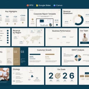 May include: A business presentation template with various data visualizations, including charts, graphs, and maps. The slides feature key performance indicators, revenue breakdowns, and customer growth metrics. The presentation uses a color scheme of blue, white, and gold.