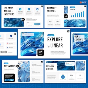 Pode incluir: Uma apresentação em azul e branco, detalhando conceitos de IA. Inclui seções sobre "Casos de uso em indústrias", "Crescimento do mercado de IA" e "Explorar linear". Os slides apresentam gráficos, dados e o texto "PPTX".