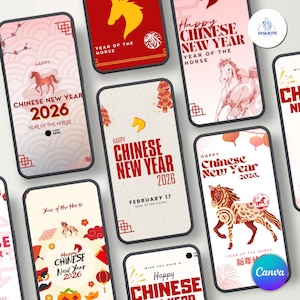 May include: A collection of smartphones displaying designs for the Chinese New Year 2026. The screens feature illustrations of horses, traditional Chinese motifs, and the text "Happy Chinese New Year 2026."