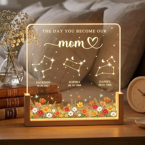 May include: A personalized night light with a wooden base. The clear acrylic panel is illuminated with constellations and the text "THE DAY YOU BECOME OUR mom". Names and dates are below the constellations. A floral design is at the bottom.
