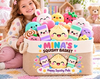 Personalized Squishy Basket for Kids, Custom Name Toy Storage Bin, Kawaii Squishy Toy Organizer, Cute Nursery Room Decor