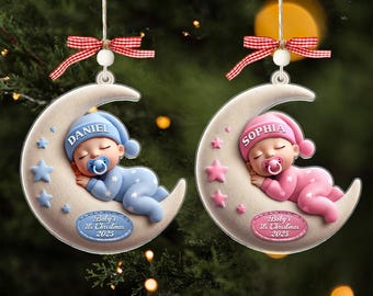 Benutzerdefinierte Baby erste Weihnachten Ornament, Mond schlafend Design, personalisierte Acryl Andenken, Neugeborene Geschenk, Baby Geschenkidee, neue Eltern Geschenk