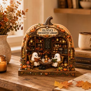 Puede incluir: Un diorama decorativo con forma de calabaza titulado OLIVIA'S ENCHANTED LIBRARY que muestra dos figuras de fantasmas blancos sentados en sillones, una mesa, libros, un gato negro, estanterías en miniatura y follaje otoñal.