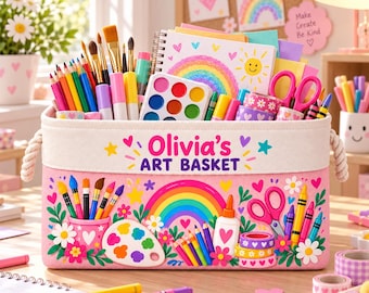 Peut inclure: Un panier de rangement rectangulaire en tissu rose portant l'inscription Olivia's ART BASKET, rempli de fournitures artistiques colorées comme des pinceaux, des crayons, une palette d'aquarelle, des ciseaux et du ruban adhésif décoré d'arcs-en-ciel.