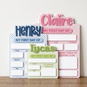 以下が含まれることがあります： 子供の成長記録用のアクリル製ボード3枚。ピンクはClaire、青はHenry、緑はLucasと書かれています。それぞれに「My First Day Of」という文字と、日付、年齢、身長、目標を記入するための白い空白スペースが設けられています。