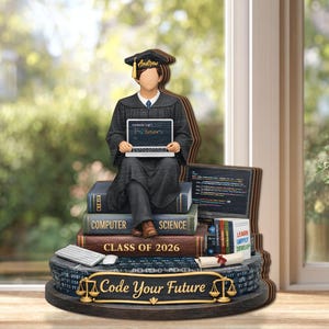May include: A wooden graduation figurine of a person in a cap and gown holding a laptop. The figurine sits atop books labeled "Computer" and "Science," with "Class of 2026" visible. The base reads "Code Your Future."