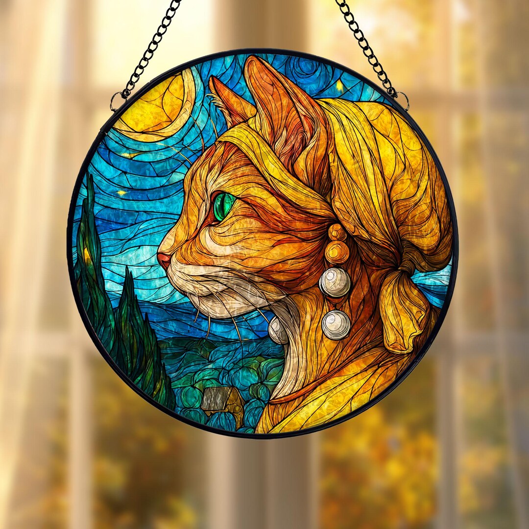 Cat Stained Glass Suncatcher, Van Gogh Style Cat Portrait Window ...