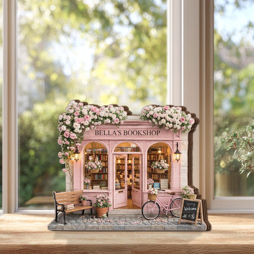 Personalized Bookshop Wooden Block, Custom Bookstore Name Sign, Floral ...