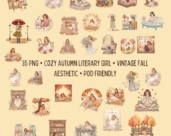 May include: A collection of 35 PNG images featuring cozy autumn literary girls in vintage fall settings. The illustrations showcase women reading, with warm color palettes and aesthetic designs. Text on the image reads: "35 PNG • COZY AUTUMN LITERARY GIRL • VINTAGE FALL AESTHETIC • POD FRIENDLY."