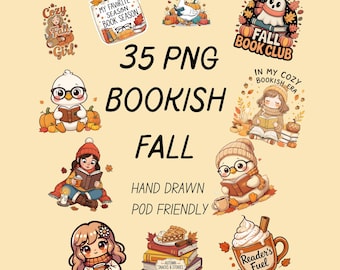 Książkowy jesienny pakiet PNG Clipart Png Przytulny jesienny Książkowy Clipart 35 Retro jesiennych naklejek Dyniowy przyprawowy Kawa Czytanie Estetyczny POD Użyj