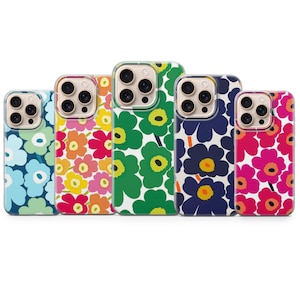 May include: Five phone cases with floral patterns. The cases feature a variety of colors, including blue, orange, green, navy, and pink. Each case has a different floral design, with a clear border around the camera.