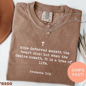Op de afbeelding: Een bruin t-shirt met korte mouwen, voorzien van een wit kruis en de tekst "Hope deferred maketh the heart sick: but when the desire cometh, it is a tree of life. Proverbs 13:12" op de voorzijde, met een zilveren ketting op de kraag.
