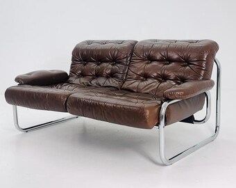 Mid Century 2-seater / Tubular Frame Brown Leather Sofa 