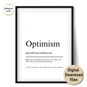 Puede incluir: Una impresión enmarcada con la definición de "Optimismo" en texto negro sobre un fondo blanco. La definición incluye la pronunciación y una explicación humorística. La impresión está en un marco negro e incluye el texto "Digital Download files".