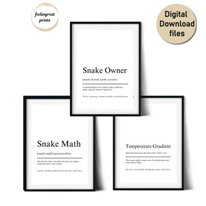 Może przedstawiać: Trzy oprawione wydruki artystyczne z czarnymi ramkami i białym tłem. Wydruki zawierają tekst o wężach, w tym "Snake Owner", "Snake Math" i "Temperature Gradient". Wydruki są oznaczone jako "Digital Download files."