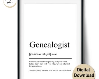 Lámina con la definición de genealogista: un regalo divertido para investigadores de historia familiar y amantes de la genealogía. Arte mural y tarjetas (descarga digital).