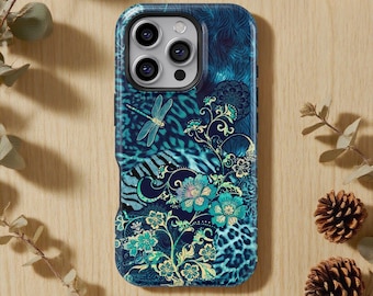 Teal Dragonfly Floral Phone Case, Boho Leopard Mandala Cover, Nature-Inspired Bohemian Art, iPhone 17 16 15 14 13 12, Gift for Boho Lovers