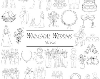 Whimsical Wedding Illustration Collection, 50 Romantic Floral Designs PNG (Wedding Invitations I Save the Date I Digital Download)