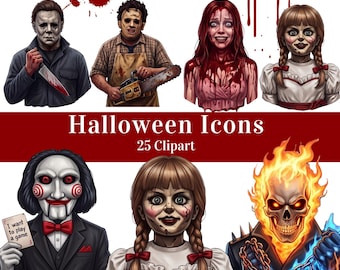 Paquete de iconos de películas de terror dibujados a mano / Imágenes prediseñadas de Halloween semirrealistas / PNG con fondo transparente / Descarga digital