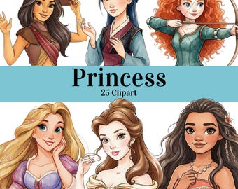 Paquete de imágenes prediseñadas de princesas encantadas, princesas en acuarela PNG, purpurina brillante PNG, diseños de personajes de fantasía, manualidades de parques temáticos