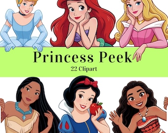 Prinses Peek PNG-bundel, 22 prinsessenclipartontwerpen, schattige glurende personages, digitale download
