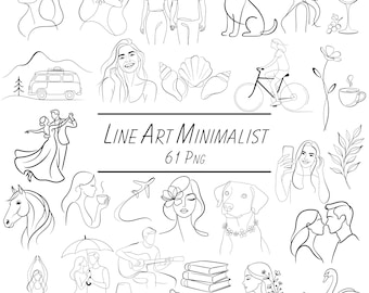 Minimalist Line Art Collection, 61 Boho Face Floral Animal Designs PNG, Simple Drawing Clipart for Crafts and Digital Download