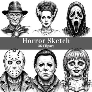 May include: A collection of black and white sketches featuring six iconic horror characters, including a clawed figure in a hat, a woman with tall hair, a masked ghost figure, a hockey mask, a blank mask, and a doll. Text reads Horror Sketch 36 Clipart.