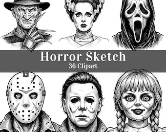 Colección de iconos de terror de Halloween en bocetos / Ilustraciones de personajes góticos / PNG con fondo transparente / Descarga digital