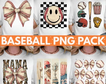 Paquete de béisbol retro (PNG), diseño de coqueta de mamá beisbolera, lazo del día del juego y béisbol a cuadros (PNG), descarga por sublimación