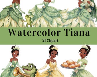 Colección de personajes de la princesa Tiana, paquete de ilustraciones de cuento de hadas en acuarela mágica en formato PNG para descarga digital