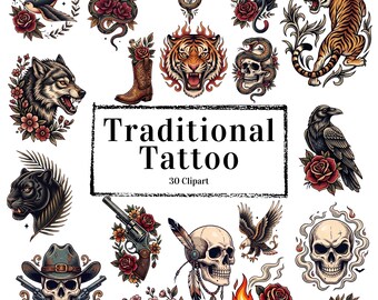 Traditional Tattoo Flash Collection: 30 Retro Vintage Designs PNG (Commercial Use Digital Download)