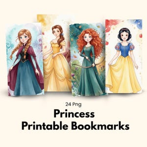 May include: Four vertical rectangular bookmarks featuring watercolor illustrations of female characters in dresses. The text 24 Png Princess Printable Bookmarks is displayed below the images. The characters have distinct hair colors and outfits.