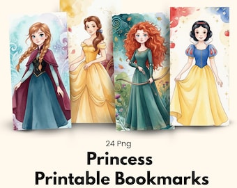 Marcapáginas de princesas / Colección de marcapáginas imprimibles / Diseños de fantasía en acuarela PNG / Regalo para amantes de los libros / Álbum de recortes y diario creativo