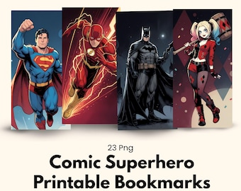 Colección de marcapáginas de superhéroes de cómics: Diseños dinámicos de personajes en formato PNG (descarga digital)