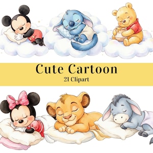 Könnte beinhalten: Eine digitale Sammlung von 21 Cartoon-Clipart-Illustrationen mit verschiedenen Charakteren, die auf Wolken und Kissen schlafen, darunter Mickey Maus, Stitch, Winnie Puuh, Minnie Maus, Simba und I-Aah, mit dem Text Cute Cartoon 21 Clipart.