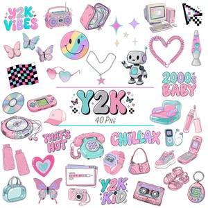 Op de afbeelding: Een verzameling van 40 digitale stickers met Y2K-thema, waaronder een boombox, vlinders, een smiley, een computer, een robot, een lavalamp, een klaptelefoon, een cassettebandje en teksten zoals Y2K VIBES, 2000s BABY, THAT'S HOT, CHILLAX en Y2K KID.