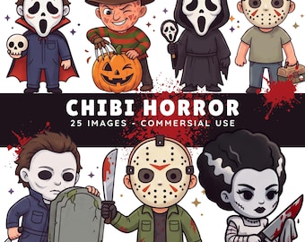 Paquete de imágenes prediseñadas de adorables villanos de terror estilo chibi, imágenes PNG de personajes de Halloween en acuarela, diseño para sublimación y pegatinas, descarga digital.