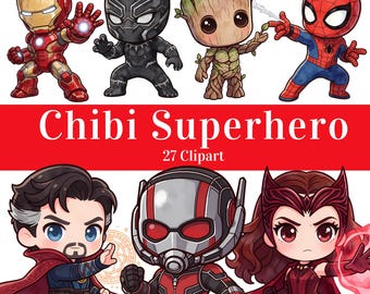Colección de personajes de superhéroes chibi: imágenes PNG de acuarela adorables, diseños creativos para manualidades y pegatinas - Descarga digital