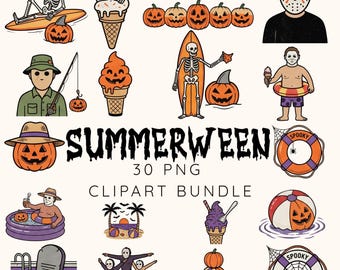 Summerween-Bundle (PNG), Gruseliger Sommer (PNG), Skelett-Sommer (PNG), Halloween-Kürbis (PNG), Sommer-Horror-Bundle (PNG)