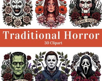 Colección de diseños de tatuajes de terror neotradicionales, ilustraciones de personajes de películas espeluznantes, paquete PNG para descarga digital
