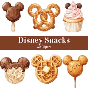 Puede incluir: Una colección de ilustraciones Disney Snacks 30 Clipart que incluye un helado cubierto de chocolate, un pretzel, un cupcake con orejas, un dulce de arroz inflado, un gofre con mantequilla y un aperitivo frito en un palito.